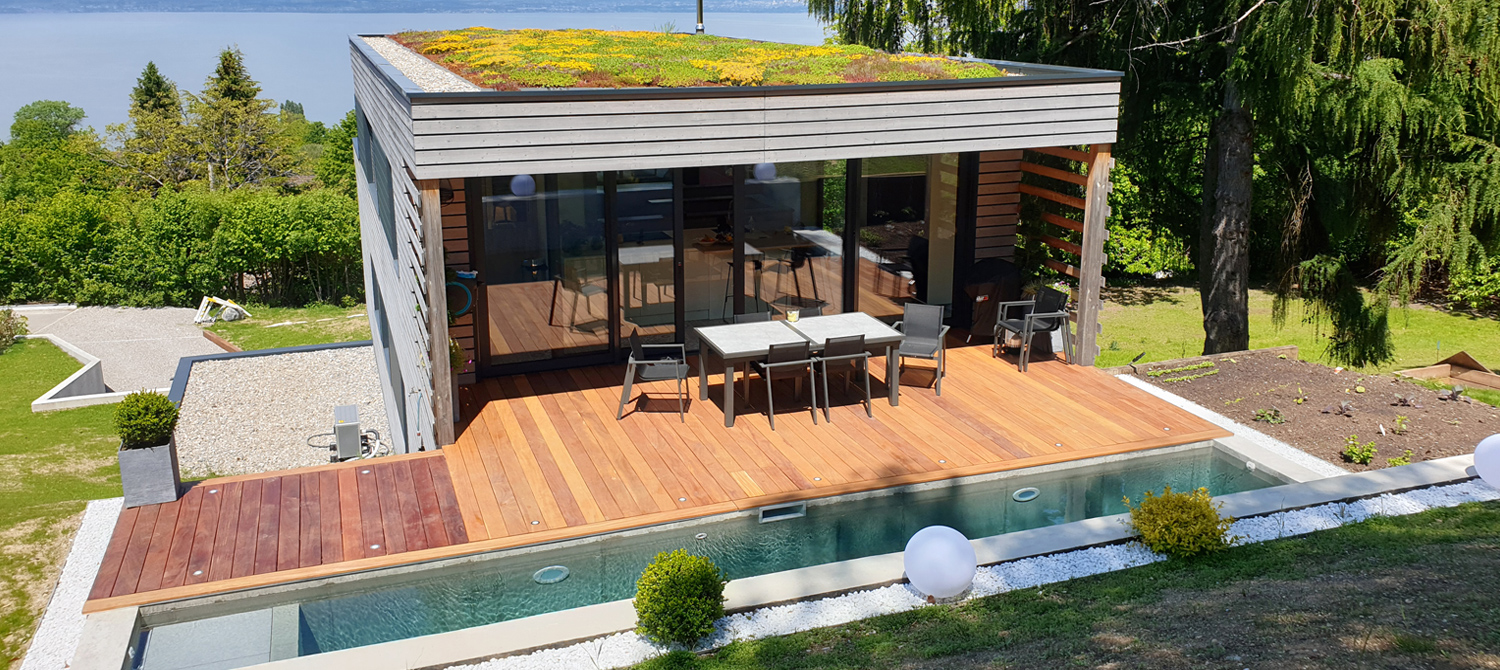 maison toit vegetal avec piscine